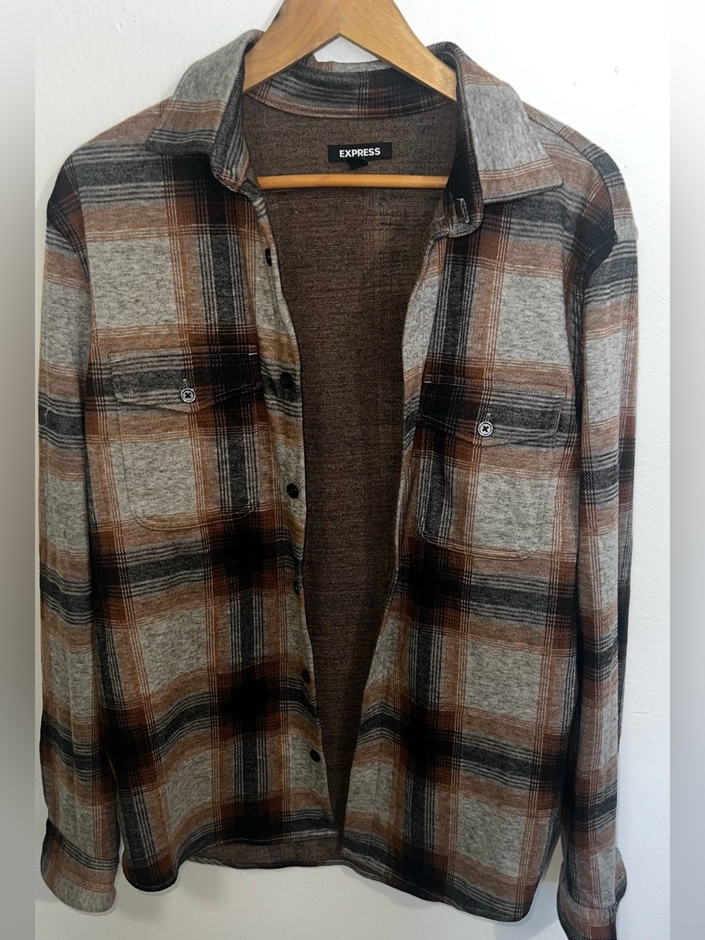 Express Men's Plaid Button-Down Shirt in Brown, Gray and Black